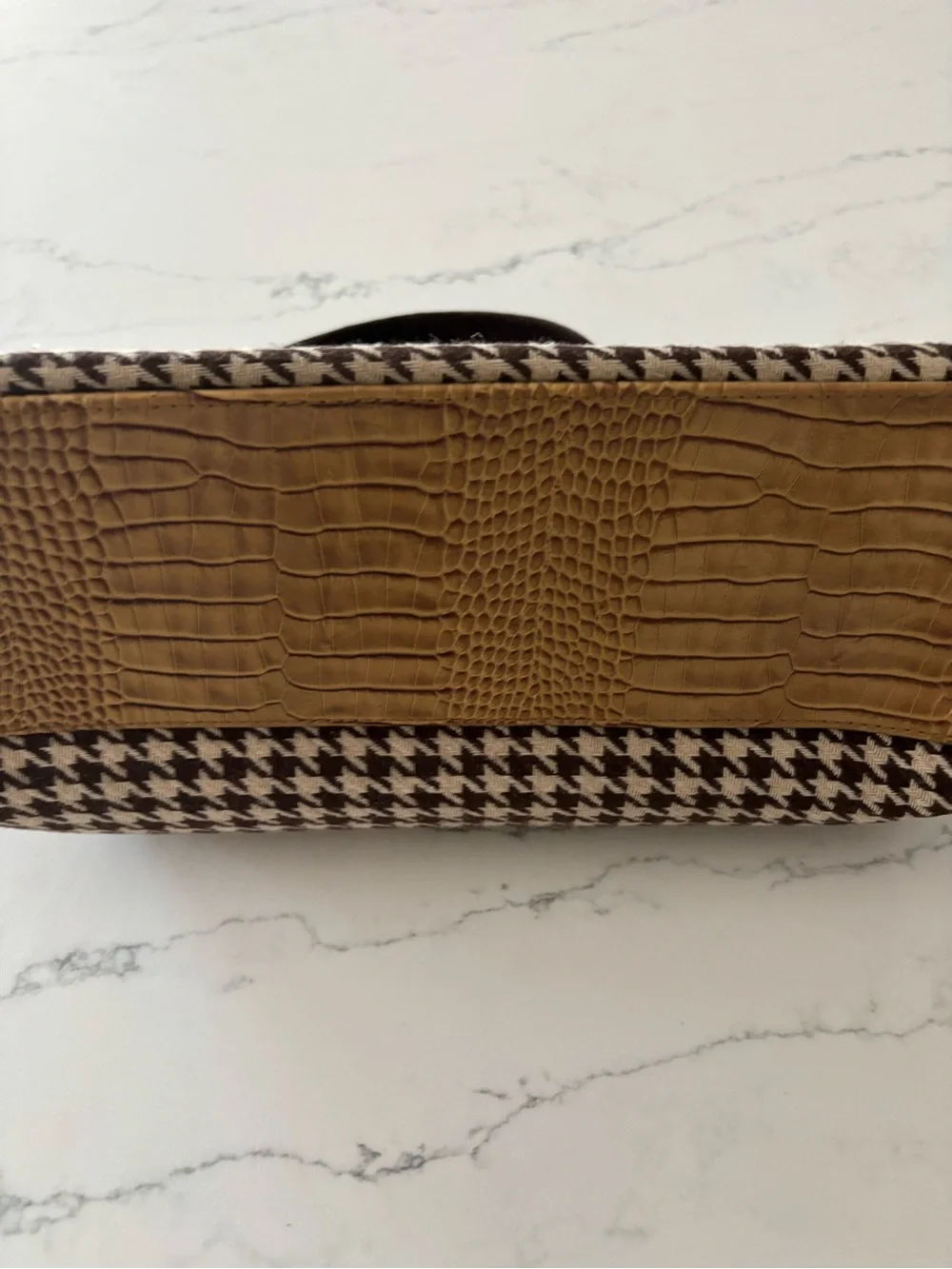 Vintage Marshall Fields Houndstooth Top-Handle Satchel with Camel Trim